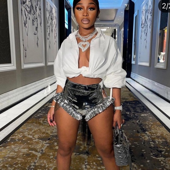 Char Workroom Silver Metallic Ruffle Frill Zip Mini Handmade designer Shorts - Picture 3 of 7